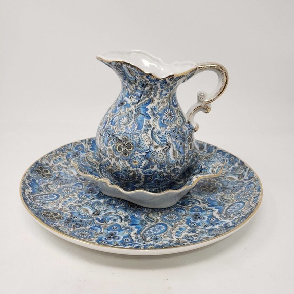 Norcrest blue floral paisley Japan plate trinket dish pitcher set porcelain 3 pc - Picture 16 of 16